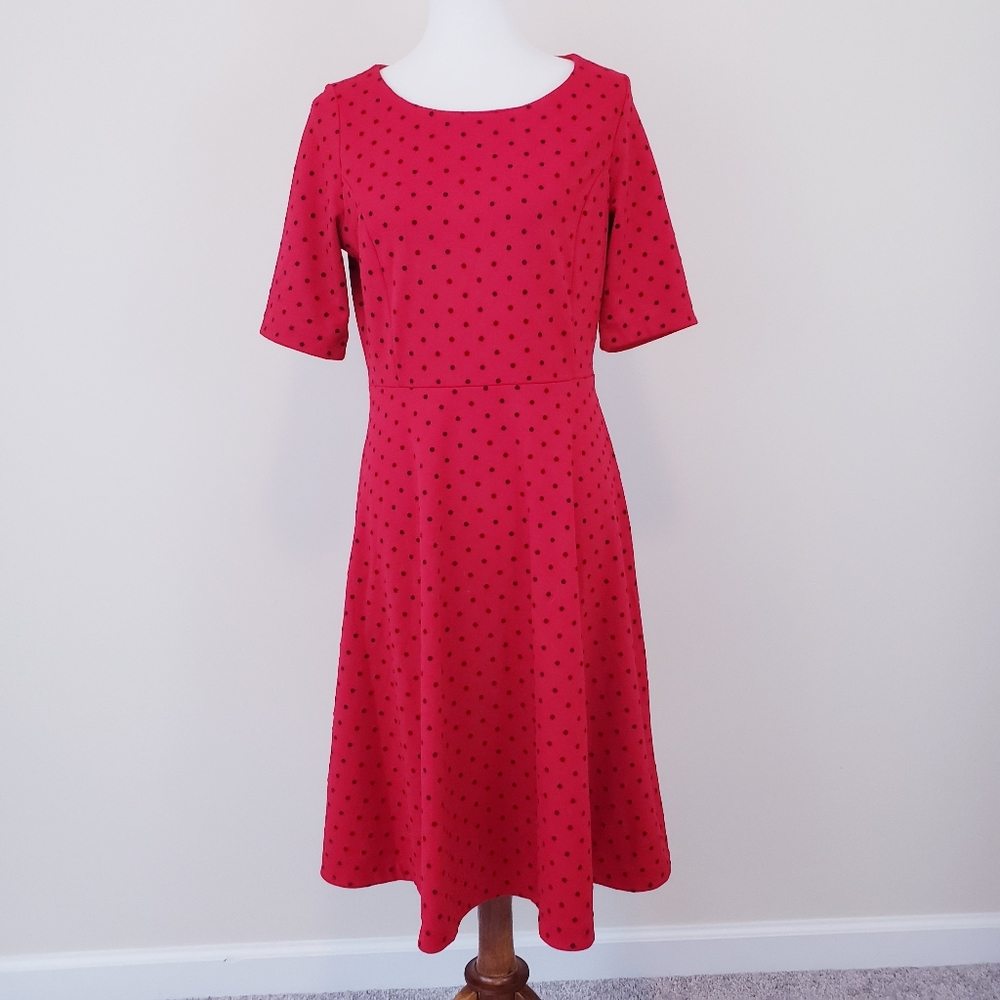 Lands End Red Polka Dot Dress Fit & Flare Knit Size Medium Elbow Sleeve